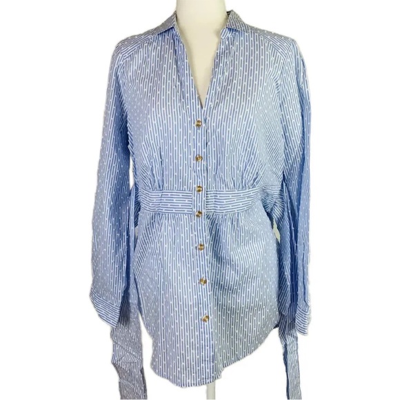 Mauve Tops - Anthropologie Mauve Women’s Button Up Blue Stripe Blouse Tie Back Top Size 12